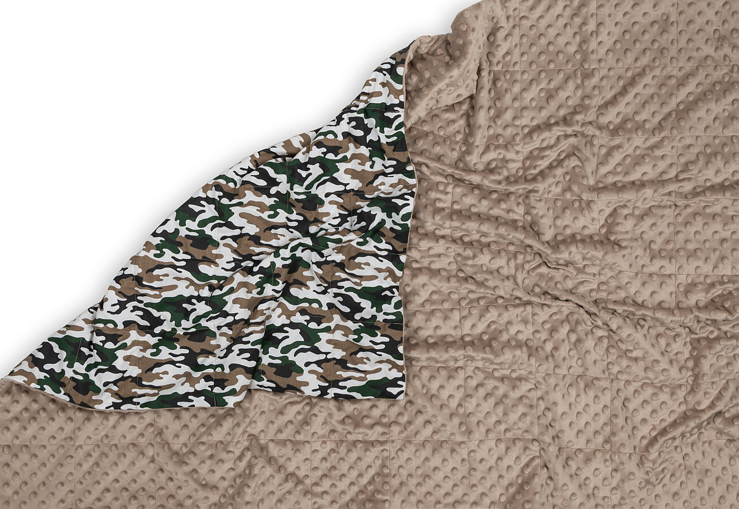 CAMO PATTERN WEIGHTED BLANKET corner open with cappuccino plush