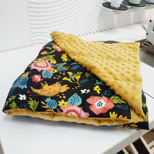 BIRDS 'N' FLOWERS WEIGHTED BLANKET WITH MUSTARD MINKY BACKING