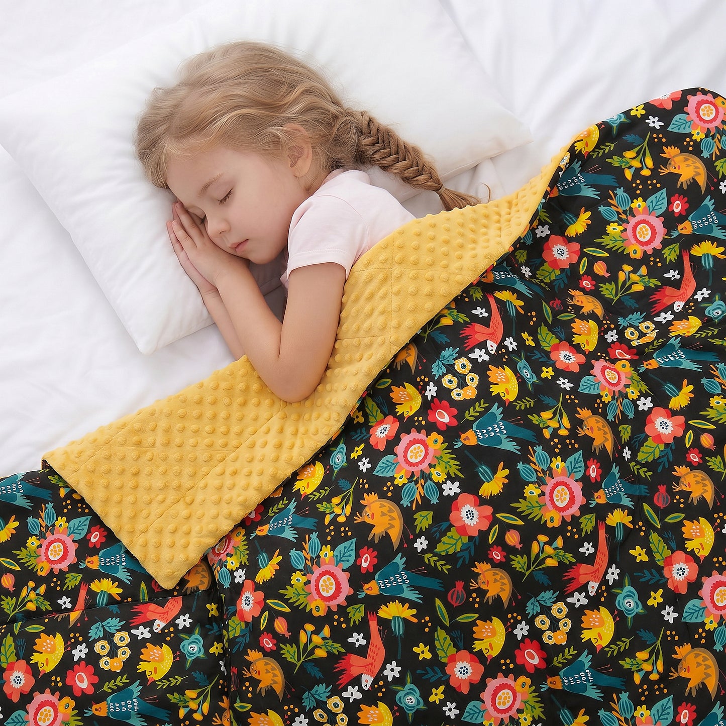 girl sleeping under the Birds'n'Flowers weighted blanket