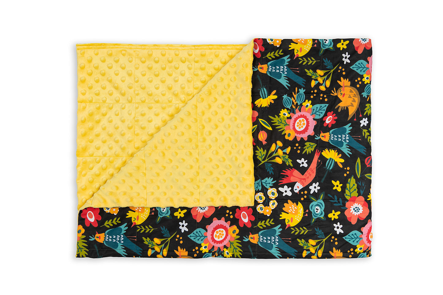 BIRDS 'N' FLOWERS WEIGHTED BLANKET top side with the plush backing