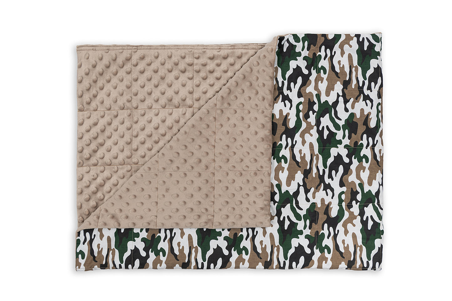 CAMO PATTERN WEIGHTED BLANKET corner open with cappuccino plush