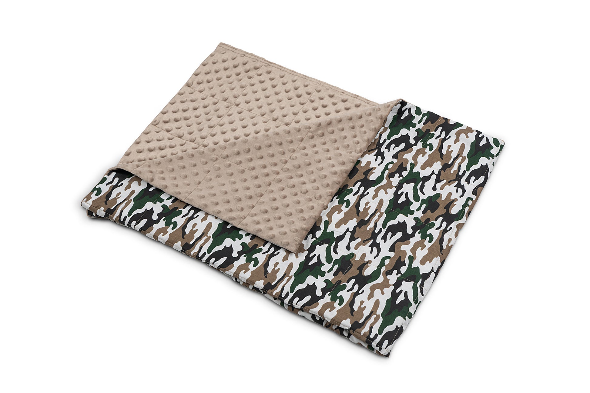 CAMO PATTERN WEIGHTED BLANKET corner open with cappuccino plush