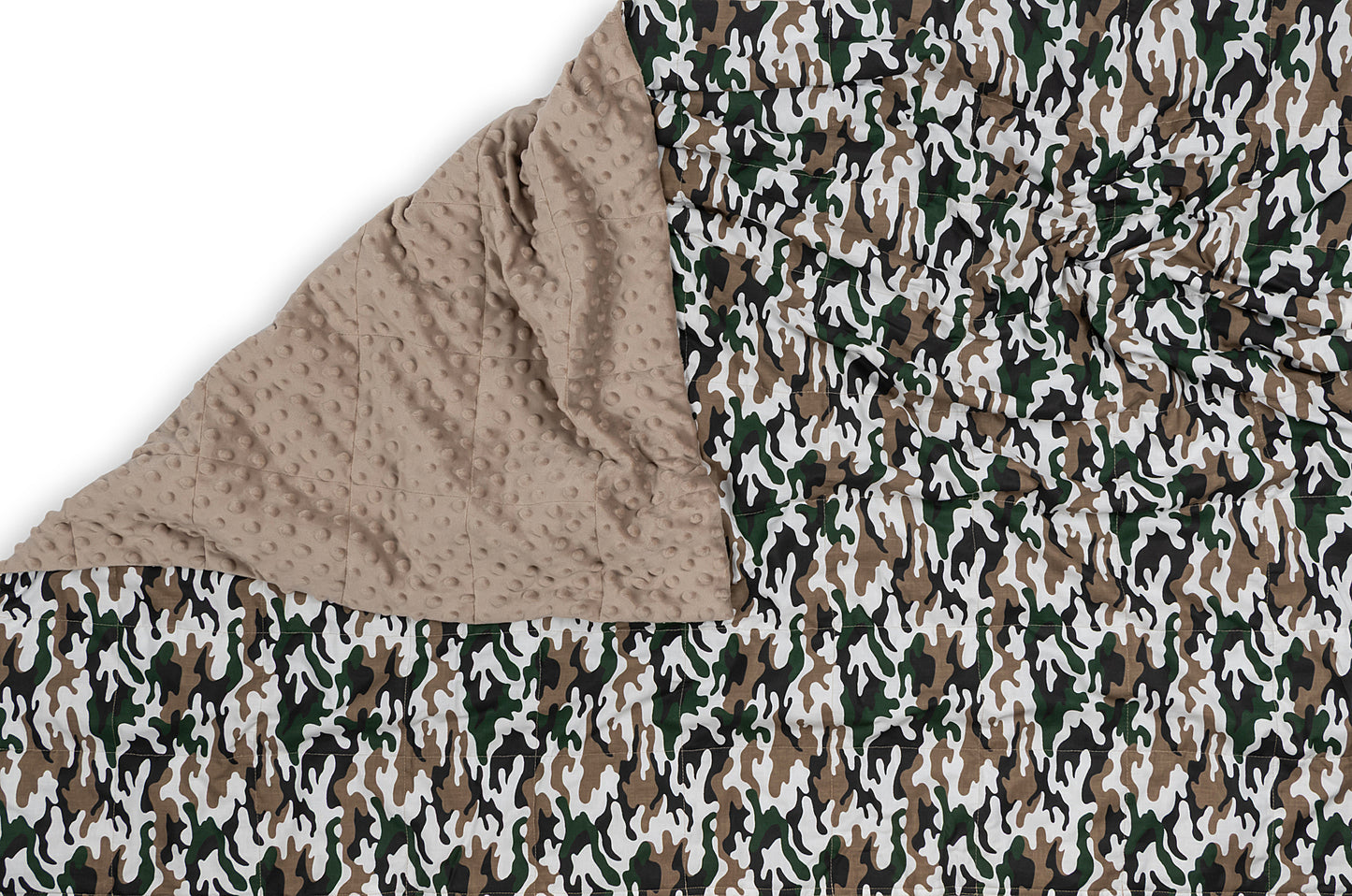 CAMO PATTERN WEIGHTED BLANKET corner open with cappuccino plush