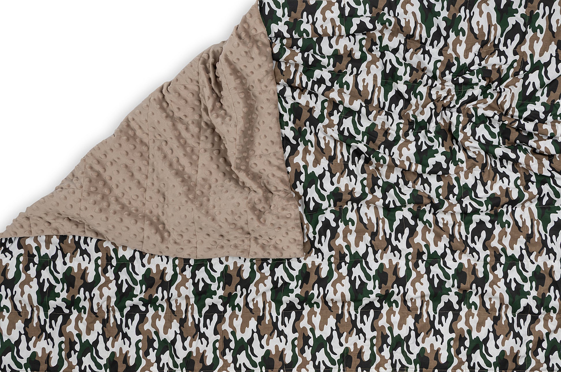 CAMO PATTERN WEIGHTED BLANKET corner open with cappuccino plush