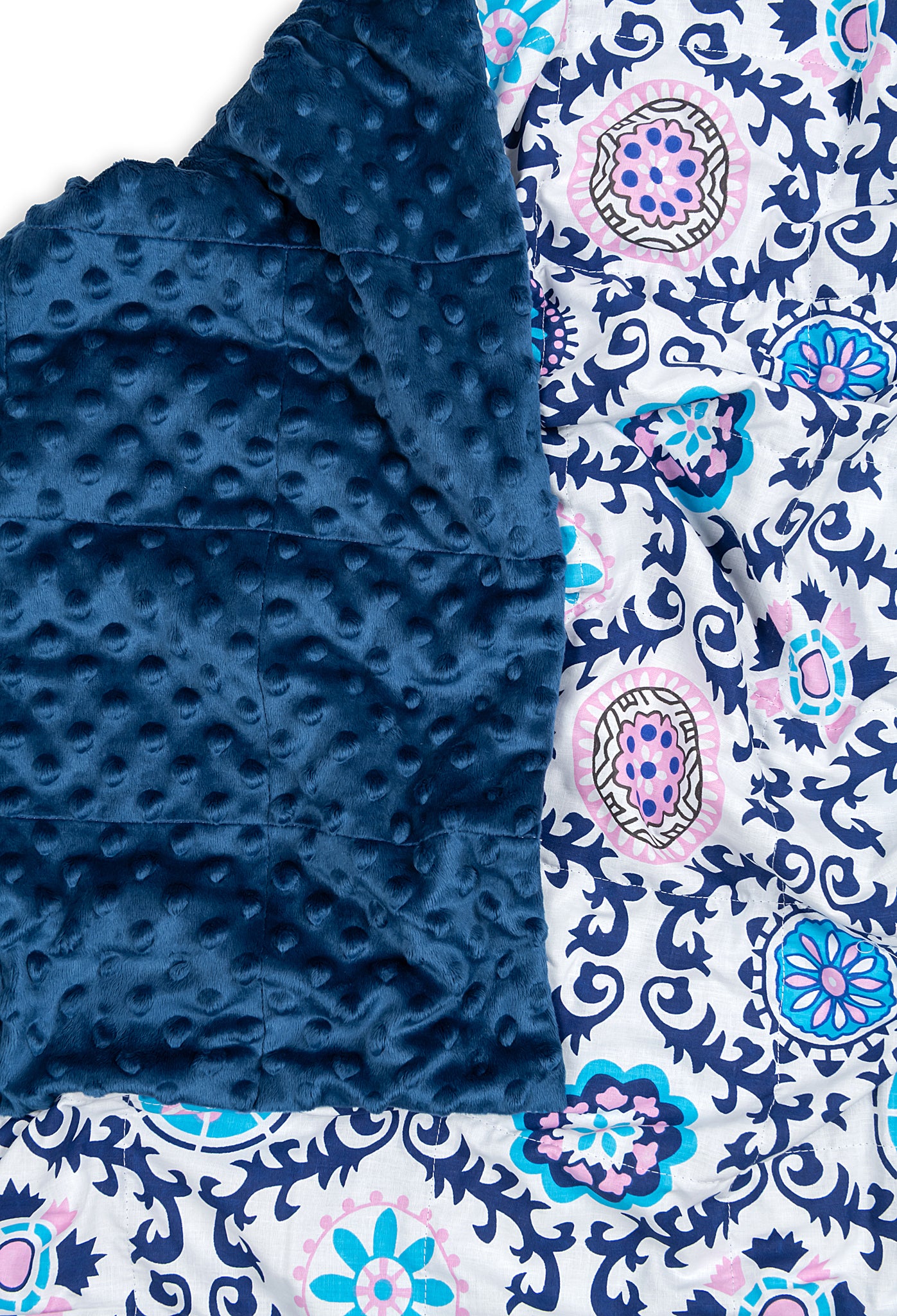 MANDALA WEIGHTED BLANKET close up with navy plush