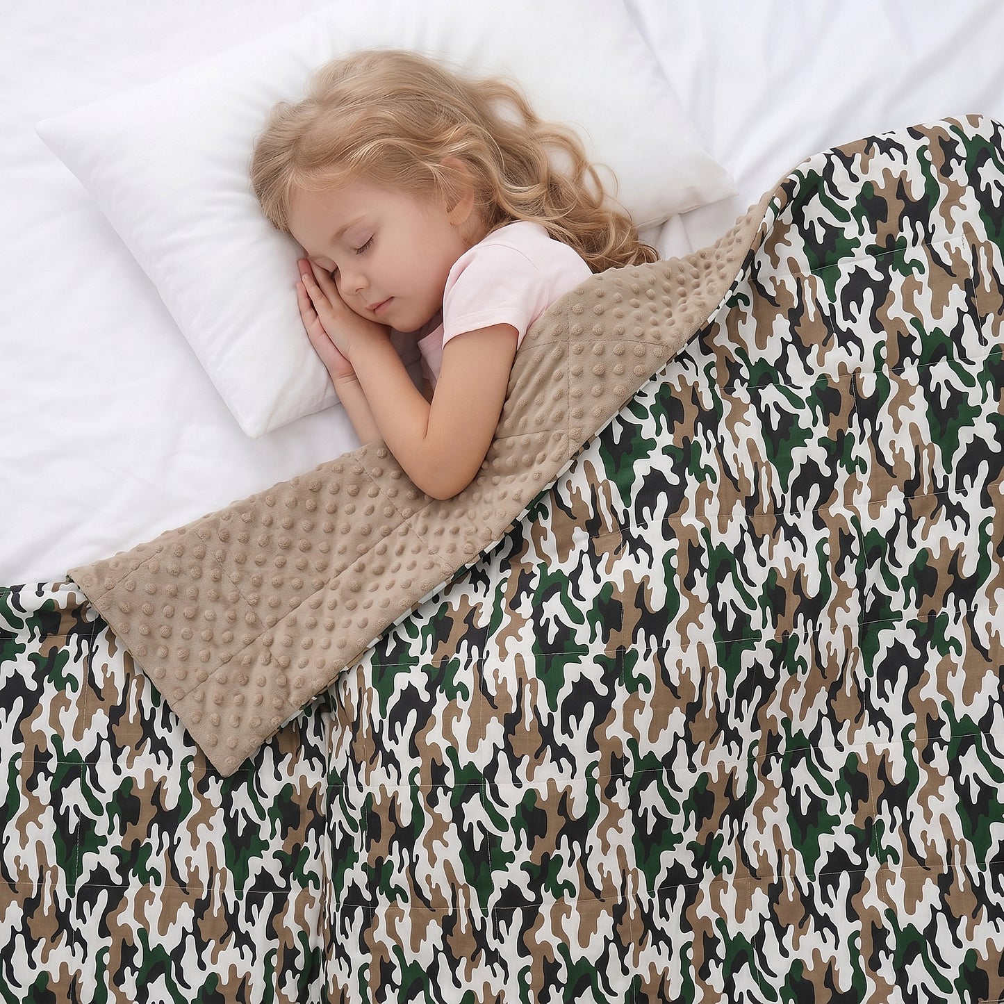 Child sleeping under a camouflage weighted blanket on a white bed