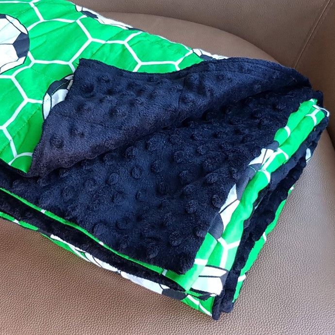 Football Pattern & Black Minky Weighted Blanket | Sensory Owl
